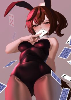 alternate_hairstyle animal_ears between_fingers black_streaks blush breasts brown_eyes brown_hair brown_pantyhose card card_between_fingers commentary_request covered_navel detached_collar fake_animal_ears floating_card from_below highres holding horse_girl horse_tail hoshikuzu_kizuna_(kizuna_stardust) leotard medium_breasts multicolored_hair nice_nature_(umamusume) pantyhose playboy_bunny ponytail rabbit_ears rabbit_tail red_leotard strapless strapless_leotard streaked_hair tail textless_version umamusume