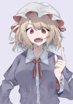 1girl absurdres arm_garter blonde_hair breasts buttons collared_dress contrast_collar dress hair_between_eyes hat highres long_sleeves maribel_hearn mob_cap muraryo open_mouth puffy_long_sleeves puffy_sleeves purple_dress red_eyes red_nails short_hair solo teeth touhou upper_teeth_only white_arm_garter white_hat