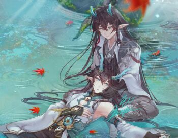 2boys aqua_horns black_gloves black_hair chinese_clothes commentary_request dan_feng_(honkai:_star_rail) dan_heng_(honkai:_star_rail) dan_heng_(imbibitor_lunae)_(honkai:_star_rail) dragon_boy eastern_dragon_horns fingerless_gloves gloves grey_pants honkai:_star_rail honkai_(series) horns jacket kaimya1118 lap_pillow leaf long_hair male_focus maple_leaf multiple_boys pants pointy_ears ripples sleeveless very_long_hair water watermark watermark_grid white_jacket