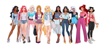 6+girls absurdres aladdin_(movie) alternate_costume anna_(frozen) aqua_eyes ariel_(disney) atlantis:_the_lost_empire bag black_eyes black_hair black_jacket blonde_hair blue_dress blue_eyes blue_skirt bracelet braid breasts choker cleavage company_connection contemporary contrapposto crop_top crossover cup cutoffs dark-skinned_female dark_skin disney disney_princess dress earrings elbow_carry elsa_(frozen) esmeralda_(disney) fa_mulan_(disney) flower freckles frozen_(disney) green_eyes hair_flower hair_ornament hand_on_own_hip handbag hercules_(1997_movie) high_heels highres holding holding_cup hoop_earrings humanization jacket jasmine_(disney) jewelry kidagakash large_breasts long_hair looking_at_viewer medium_breasts megara_(disney) midriff mulan_(movie) multiple_girls mushu_(disney) navel necklace olena_minko open_clothes open_jacket orange_hair parted_lips pink_skirt pleated_skirt pocahontas_(disney) pocahontas_(movie) ponytail rapunzel_(disney) red_eyes red_hair ring short_hair short_shorts shorts siblings simple_background single_braid single_earring sisters skirt smile standing tangled the_hunchback_of_notre_dame_(disney) the_little_mermaid_(disney) thigh_gap thighhighs trait_connection twin_braids twintails very_long_hair white_background white_dress white_hair yin_yang