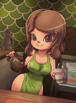 1girl absurdres animal_crossing apron barista blush borrowed_character breasts brewster_(animal_crossing) brown_eyes brown_hair cleavage coffee coffee_pot collarbone cup disposable_cup drink green_apron highres holding holding_coffee_pot holding_cup iced_latte_with_breast_milk_(meme) large_breasts looking_at_viewer murana_(muramasa_mikado) naked_apron nintendo short_hair smile soandnb standing starbucks villager_(animal_crossing) wide_hips