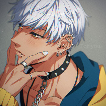 1boy \// barbell_piercing blue_eyes blue_jacket blurry blush captive_bead_ring chain chain_leash collar collarbone dark-skinned_male dark_skin depth_of_field ear_piercing earrings english_text face_piercing film_grain grey_background half-closed_eyes hand_up highres hoop_earrings industrial_piercing jacket jewelry layered_shirt leash lip_piercing lip_ring long_sleeves looking_afar male_focus mammon_(obey_me!) multicolored_eyes multicolored_jacket multiple_earrings multiple_rings necklace obey_me!:_one_master_to_rule_them_all! parted_lips piercing pinky_ring portrait ring shiny_lips short_hair silver_ring solo spiked_collar spiked_ear_piercing spikes sushi_(ekakizu) swept_bangs two-tone_eyes two-tone_jacket v v_over_mouth white_hair white_nails yellow_eyes yellow_jacket