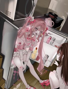 2girls :d absurdres arms_between_legs bandaid bandaid_on_knee bandaid_on_leg bare_legs black_shorts blunt_bangs blush bobby_socks bottle bow breasts brooch brown_eyes brown_hair can choker colored_tips commentary_request creature creature_on_shoulder crying crying_with_eyes_open ear_piercing facing_viewer fang feet_out_of_frame floor frilled_skirt frilled_sleeves frills from_side frying_pan full_body gloves grey_shirt hacksaw hair_between_eyes hair_bow hair_intakes hair_ornament hanataro_(sruvhqkehy1zied) heart heart_brooch highres in_container in_refrigerator indoors jewelry knees_up liquid long_hair looking_at_another mary_janes microwave miniskirt mole mole_under_mouth multicolored_hair multiple_girls multiple_hair_bows on_shoulder open_mouth opening_door original parted_lips piercing pink_bow pink_choker pink_eyes pink_hair pink_shoes platform_footwear puffy_sleeves rabbit_hair_ornament raw_meat red_bow reflection refrigerator saw shirt shoes short_shorts shorts sidelocks sitting skirt small_breasts smile socks sparkle squatting straight_hair striped_bow tears three-quarter_sleeves twintails two-tone_hair wall water_boiler wavy_hair white_gloves white_skirt white_socks wooden_floor