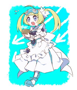 Rule 34 | 1girl, ahoge, apron, aqua shoes, arrow (symbol), blonde hair, blush, blush stickers, bowl, commentary request, crabominable, dress, eye mask, eyelashes, fingernails, flying sweatdrops, full body, gen 7 pokemon, holding, holding bowl, long hair, mask, mask on head, momosiro, nintendo, open mouth, personification, pokemon, purple eyes, shoes, steam, teeth, twintails, upper teeth only, white apron, white dress, wooden bowl