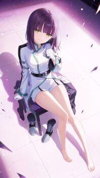 1girl barefoot black_hair feet goryoukaku_shion green_eyes highres long_hair looking_at_viewer netarrow shinkalion_(series) shoes sitting smile thighhighs toes unworn_shoes unworn_thighhighs