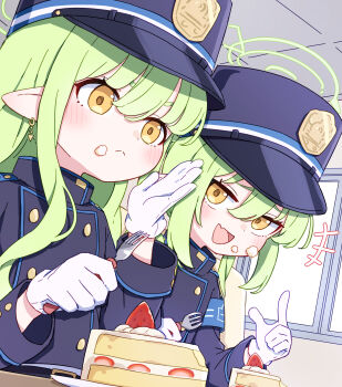Rule 34 | +++, 2girls, :d, absurdres, armband, black hat, black jacket, blue archive, blush, buttons, cake, closed mouth, commentary request, crumbs, double-breasted, fang, food, food on face, fork, fruit, gloves, green hair, green halo, hair between eyes, halo, hand up, hat, highres, hikari (blue archive), holding, holding fork, jacket, kame (kamepan44231), long hair, multiple girls, nozomi (blue archive), open mouth, peaked cap, pointy ears, siblings, sidelocks, sisters, skin fang, smile, strawberry, strawberry shortcake, twins, upper body, white gloves, window, yellow eyes