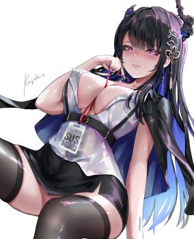 1girl absurdres alternate_costume asymmetrical_horns black_hair black_jacket black_skirt black_thighhighs blue_hair blue_nails blush breasts character_name cleavage colored_inner_hair commentary demon_horns earrings fingernails highres hololive hololive_english horns jacket jacket_on_shoulders jewelry keyokku large_breasts long_hair looking_at_viewer multicolored_hair nail_polish nerissa_ravencroft office_lady pink_lips purple_eyes see-through_clothes see-through_thighhighs shirt signature simple_background skindentation skirt solo thighhighs two-tone_hair virtual_youtuber white_background white_shirt