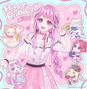 1boy 3girls ^_^ animal bare_shoulders barefoot bead_necklace beads belt birthday black_belt black_bow black_ribbon black_vest blonde_hair blue-framed_eyewear blue_border blue_skin blue_skirt blunt_bangs boots border bottle bow bow_choker bowtie bra_strap brown_boots brown_eyes brown_hat buttons cat center_frills character_name chibi choker cloak closed_eyes clothed_animal collarbone colored_skin commentary_request dada_(infinity_nikki) dress ear_covers english_text eyelashes eyewear_on_head faewish_sprite fins flower frilled_dress frilled_shirt frilled_skirt frilled_sleeves frills gift giroda_(infinity_nikki) hair_bow hair_ornament hair_ribbon hair_rings happy_birthday hat head_fins heart heart-shaped_eyewear helm helmet hexagram highres holding holding_bottle holding_flower holding_gift hood hood_up hooded_cloak infinity_nikki jewelry knee_boots layered_skirt light_blush long_hair long_sidelocks long_sleeves low_twintails medium_dress medium_skirt momo_(nikki) multiple_girls necklace neneko_(nnk_suimin) newsboy_cap nikki_(nikki) nikki_(series) nonoy_(infinity_nikki) off-shoulder_shirt off_shoulder one_eye_closed open_mouth origami outline outside_border outstretched_arm oversized_object paper_crane patch perfect_start_(infinity_nikki) piecey pink-tinted_eyewear pink_background pink_bow pink_bowtie pink_choker pink_eyes pink_hair pink_ribbon pink_shoes pink_skirt pleated_dress pleated_skirt print_skirt puffy_long_sleeves puffy_short_sleeves puffy_sleeves purple_bow purple_bowtie raggy_(infinity_nikki) red_bow red_bowtie red_hair ribbon robe rose sack see-through_clothes see-through_sleeves shirt shoes short_hair short_hair_with_long_locks short_sleeves sidelocks single_hair_ring single_stripe skirt sleeves_past_wrists smile snowflake_print snowflakes soda sparkle star_(symbol) star_necklace star_print straight_hair striped_bow striped_bowtie striped_choker striped_clothes sunglasses suspender_skirt suspenders teeth tinted_eyewear traditional_bowtie tress_ribbon twintails twitter_username v very_long_hair vest wavy_hair white_cat white_cloak white_dress white_hair white_outline white_robe white_shirt white_skirt yellow_cloak yellow_flower yellow_rose