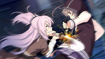 Rule 34 | 2girls, battle, black pantyhose, blue eyes, brown jacket, brown skirt, clenched teeth, from side, game cg, grey hair, grey jacket, holding, holding sword, holding weapon, hood, hooded jacket, jacket, katana, long hair, long sleeves, looking at another, medium hair, motion blur, multiple girls, non-web source, one side up, origami family's elite guard uniform, pantyhose, pink hair, purple eyes, purple skirt, renpu girls school uniform, school uniform, shichinosato kofuki, shirt, sidelocks, skirt, striped clothes, striped shirt, sword, sword clash, teeth, toji no miko, toji no miko: kizamishi issen no tomoshibi, tsubakuro yume, v-shaped eyebrows, weapon, white shirt, winter uniform