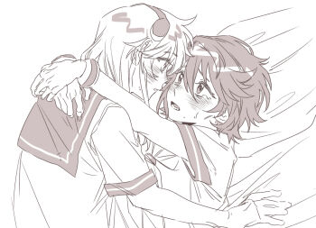 2girls bed_sheet blush chinese_commentary commentary eye_contact hair_between_eyes hairband hug jiguang_haibao koishikawa_iko long_hair looking_at_another lower_teeth_only momijiyama_teru multiple_girls shirt short_hair short_sleeves shy_(series) sweatdrop tearing_up teeth yuri