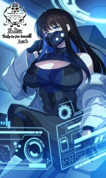 1girl bare_shoulders bilingual_commentary black_bodysuit black_gloves black_hair black_mask blue_archive blue_eyes bodysuit breasts choppy_bangs cleavage cleavage_cutout clothing_cutout coat coat_partially_removed colored_inner_hair commentary commission cowboy_shot english_commentary gloves grey_coat hair_between_eyes highres holographic_interface large_breasts long_hair long_sleeves looking_at_viewer mask matsumoto_tomoyohi mixed-language_commentary mole mole_under_eye mouth_mask multicolored_hair saori_(blue_archive) sitting skeb_commission solo