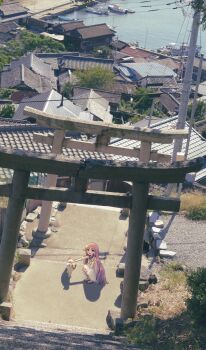 1girl :d alt_text amataro21 backlighting blush cat commentary_request day dress from_above grey_eyes highres katou_umi long_hair looking_at_viewer ocean open_mouth outdoors petting photo_background pink_hair ribbon sailor_dress sandals shadow shore sleeveless sleeveless_dress smile solo squatting straight_hair summer_pockets torii two_side_up very_long_hair white_dress wide_shot yellow_ribbon