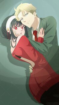 1boy 1girl black_hair blush breasts commentary_request dress earrings formal_clothes gold_earrings green_suit hairband highres husband_and_wife jewelry large_breasts long_hair long_sleeves looking_at_viewer muuju_20241000 red_eyes red_sweater shirt short_hair sidelocks smile spy_x_family suit sweater twilight_(spy_x_family) white_hairband yor_briar