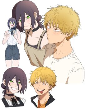 1boy 1girl absurdres apron black_choker black_dress black_ribbon blonde_hair blue_shorts chainsaw_man choker denji_(chainsaw_man) dress flower fourth_east_high_school_uniform gakuran ginseng_(xin) green_eyes grey_apron grin hair_between_eyes hair_bun highres holding holding_flower neck_ribbon pinafore_dress purple_hair red_eyes reze_(chainsaw_man) ribbon school_uniform sharp_teeth shirt shirt_tucked_in short_hair shorts simple_background sleeveless sleeveless_dress sleeveless_shirt smile teeth tongue tongue_out white_background white_flower white_shirt