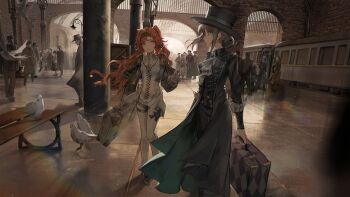 1boy 6+girls absurdres anjo_nala arch ascot backlighting bench bird black_coat black_hat black_pants boater_hat checkered_hairband closed_mouth coat collared_dress collared_shirt dress flutterpage gloves green_eyes grey_cloak grey_hair grey_shoes grey_sleeves hairband hand_up hat high_collar highres holding holding_suitcase indoors j_(reverse:1999) long_hair looking_at_another lopera_(reverse:1999) mercuria_(reverse:1999) multiple_girls nueegochi pants pants_under_dress people pillar profile reverse:1999 scenery shirt shoes short_dress short_hair smile sonetto_(reverse:1999) suitcase tile_floor tiles tooth_fairy_(reverse:1999) train train_station_platform two_side_up vertin_(reverse:1999) vest waistcoat white_ascot white_bird white_dress white_gloves white_pants white_shirt willow_(reverse:1999)