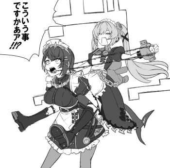 2girls animal_bag bear_bag breasts carrying chain chainsaw_man corin_wickes cuffs dress ellen_joe fins fish_tail hairband hashtag-only_commentary metal_hairband mole mole_under_eye monochrome multiple_girls nabeiro_kin open_mouth piggyback puffy_short_sleeves puffy_sleeves pulling scene_reference screw_hair_ornament shark_girl shark_tail sharp_teeth short_sleeves simple_background tail teeth translation_request twintails white_background zenless_zone_zero