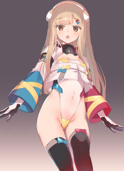 1girl black_gloves black_thighhighs blonde_hair blunt_bangs blush breasts brown_eyes character_request commentary_request copyright_request covered_navel gloves hair_ornament hairband hairclip highres kawata_hisashi leotard long_hair long_sleeves looking_at_viewer open_mouth see-through_clothes see-through_leotard shrug_(clothing) small_breasts solo standing thighhighs white_hairband