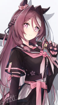 1girl absurdres animal_ears asymmetrical_clothes black_gloves black_ribbon black_sailor_collar blush braid breasts brown_hair closed_mouth clothing_cutout commentary_request cowboy_shot dated flower flower_in_eye gloves hair_intakes hair_ribbon highres hip_vent holding holding_sword holding_weapon horse_ears horse_girl horse_tail long_sleeves looking_at_viewer medium_breasts multicolored_hair pink_eyes pink_flower ribbon sailor_collar sakura_chitose_o_(umamusume) sarasuty sheath sheathed shirt signature simple_background skirt solo streaked_hair swept_bangs sword symbol_in_eye tail two-tone_hair umamusume weapon white_background white_shirt white_skirt