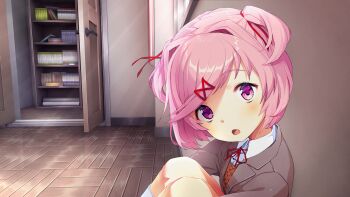 1girl :o against_wall blazer book bookshelf breasts brown_sweater_vest button_gap closet collared_shirt commentary day doki_doki_literature_club doki_doki_literature_club_school_uniform dot_nose dress_shirt english_commentary eyebrows_hidden_by_hair from_side game_cg grey_jacket hair_intakes hair_ornament hair_ribbon head_tilt highres hugging_own_legs jacket kneehighs knees_to_chest light_blush light_rays long_eyelashes long_sleeves looking_at_viewer natsuki_(doki_doki_literature_club) neck_ribbon non-web_source official_art on_floor open_mouth parted_bangs parted_hair pink_eyes pink_hair raised_eyebrows red_ribbon ribbon satchely school_uniform shirt short_hair sidelocks sitting small_breasts socks solo sparkling_eyes sweater_vest thick_eyelashes two_side_up upper_body white_socks wide-eyed window wooden_floor x_hair_ornament