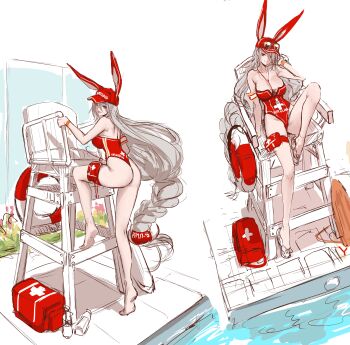 Rule 34 | 1girl, absurdres, animal ears, azur lane, back, breasts, cleavage, climbing, collarbone, dishwasher1910, eyewear on headwear, hair between eyes, hat, highres, large breasts, legs, lifeguard, long hair, multiple views, one-piece swimsuit, pouch, prinz heinrich (azur lane), prinz heinrich (rabbit on watch) (azur lane), rabbit ears, red eyes, red hat, red one-piece swimsuit, shaded face, sitting, sketch background, standing, sunglasses, swimsuit, thigh pouch, thigh strap, thighs, unfinished, very long hair, white background, white hair