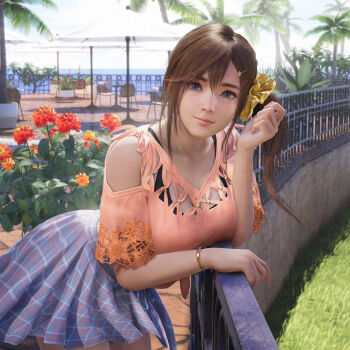 1girl bare_shoulders bikini breasts brown_eyes brown_hair cleavage dead_or_alive dead_or_alive_xtreme dead_or_alive_xtreme_venus_vacation hair_between_eyes hair_ornament hairclip highres leaning looking_at_viewer misaki_(doa) official_art one_side_up orange_shirt scrunchie shirt side_ponytail skirt smile solo standing star_(symbol) star_hair_ornament swimsuit venus_vacation_prism:_dead_or_alive_xtreme yellow_scrunchie