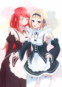 2girls absurdres alternate_costume apron blonde_hair blush carol_(re:zero) closed_eyes cosplay costume_switch detached_sleeves dress enmaided green_eyes highres long_hair maid maid_apron maid_headdress multiple_girls open_mouth rain_re_a re:zero_kara_hajimeru_isekai_seikatsu red_hair ribbon roswaal_mansion_maid_uniform short_hair smile theresia_van_astrea thighhighs