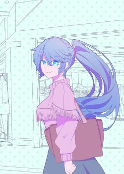 1girl alternate_costume alternate_hairstyle blue_eyes brown_bag from_side grey_skirt hair_between_eyes hair_ribbon highres isuzu_(kancolle) kantai_collection long_hair long_sleeves looking_to_the_side mizumura_kebin pink_ribbon pink_shirt ponytail ribbon shirt skirt smile solo upper_body