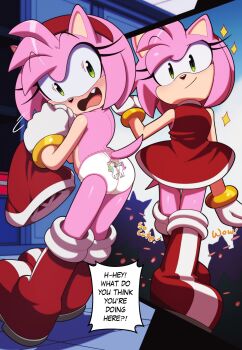 1girl amy_rose ass back bare_back bare_legs blush boots bracelet dress embarrassed euf-dreamer eyelashes fang flat_chest gloves green_eyes highres humiliation jewelry legs looking_back medium_hair multiple_boys panties petite presenting presenting_ass print_panties red_dress sega smile socks sonic_(series) tail underwear undressing unicorn