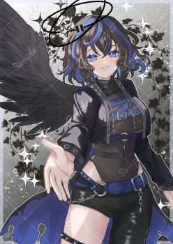 1girl belt black_feathers black_hair black_jacket blue_belt blue_eyes blue_hair breasts cape chain commentary cowboy_shot cropped_jacket english_commentary eyelashes feathered_wings feathers freckles grey_leotard halo highres jacket leotard leotard_under_clothes long_sleeves multicolored_hair open_clothes open_jacket original reaching reaching_towards_viewer sample_watermark sharp_teeth short_hair single_wing smile solo sparkle spikes teeth torn_cape torn_clothes two-tone_hair velvetsage028 watermark watermark_grid wings