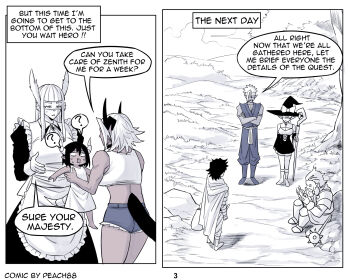 3boys 3girls ? alvida_(peach88) animal_ears apron bow breasts cape cleavage commentary crop_top crossed_arms demon_girl demon_horns demon_tail english_commentary fang hat hat_bow hero_(peach88) highres holding holding_staff horns mace maid median_furrow multiple_boys multiple_girls open_mouth original peach88 pointy_ears shizu_(peach88) short_hair short_shorts shorts spiked_mace spikes spoken_question_mark staff sweat tail weapon witch_hat zenith_(peach88)