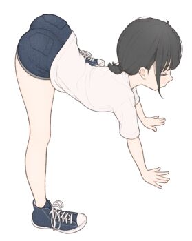 1girl 1ssakawaguchi absurdres all_fours ass bent_over black_hair blue_shoes blue_shorts closed_eyes converse denim denim_shorts downward_dog from_above from_side highres ichika_(1ssakawaguchi) leaning_forward legs legs_apart original ponytail shirt shoes short_hair short_ponytail short_shorts short_sleeves shorts simple_background sneakers solo t-shirt top-down_bottom-up white_background white_shirt