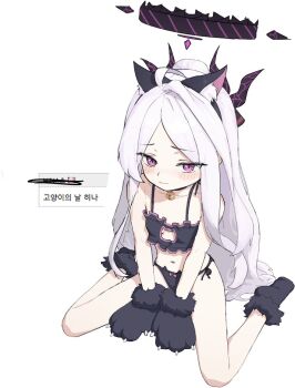 1girl ahoge animal_ears black_halo blue_archive blush breasts commentary_request demon_girl demon_horns halo hina_(blue_archive) horns long_hair looking_at_viewer navel purple_eyes sitting small_breasts solo very_long_hair wariza white_hair yukiho_(69865456)