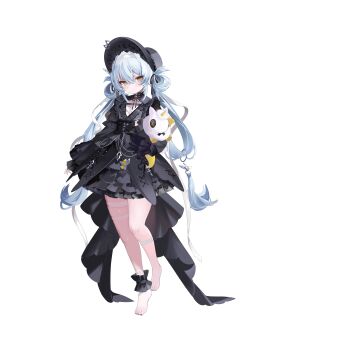 1girl absurdres aqua_hair artist_request barefoot black_bonnet black_dress bonnet button_eyes buttons chain criss-cross_strings detached_hair dress feet frilled_dress frills gothic_lolita grey_nails hair_between_eyes hair_extensions hair_rings hair_tie hairband highres holding holding_stuffed_toy lace_collar legs lolita_fashion long_hair long_sleeves looking_at_viewer low-tied_hair_ring nono_(poker_fate) o-ring official_art poker_fate quad_hair_rings ribbon-trimmed_collar ribbon_trim ring_hair_extensions ring_hair_ornament single_ankle_cuff skindentation solo stuffed_animal stuffed_toy stuffed_unicorn thigh_bands thigh_strap transparent_background very_long_hair white_hairband yellow_eyes