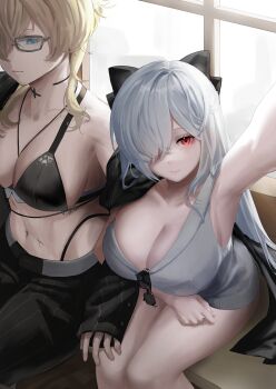 Rule 34 | 2girls, absurdres, bikini, choker, cinderella (beautiful me) (nikke), cinderella (nikke), cross, cross choker, dongtan dress, dress, eyewear hang, formal clothes, goddess of victory: nikke, grave (beautiful you) (nikke), grave (nikke), grey dress, highleg, highleg bikini, highres, leather bikini, multiple girls, official alternate costume, pants, pinstripe jacket, pinstripe pants, pinstripe pattern, pinstripe suit, scar, scar on stomach, ssuuuuu1122, suit, sunglasses, swimsuit, taut clothes, taut dress, unworn eyewear