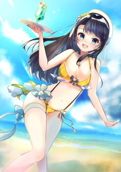 1girl :d absurdres alternate_hair_length alternate_hairstyle artist_name beach bikini black_bow black_bowtie black_hair blue_eyes blue_sky bow bow_flower bowtie breasts cloud cup drinking_glass emutakanoe feet_out_of_frame frilled_bikini frills hat highres holding holding_tray hololive knees_together_feet_apart leg_ribbon long_hair looking_at_viewer medium_breasts melon_soda navel ocean oozora_subaru open_mouth ribbon sand signature sky smile solo standing stomach striped_bikini striped_clothes swept_bangs swimsuit thigh_ribbon tray vertical-striped_bikini vertical-striped_clothes virtual_youtuber white_hat yellow_bikini