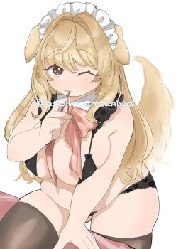 1girl :3 animal_ears artist_name belly black_bra black_panties black_thighhighs blonde_hair bow bowtie bra breasts brown_eyes cleavage covered_erect_nipples detached_collar dog_ears dog_girl dog_tail etoile_amamiya floppy_ears floral_print floral_print_panties frilled_hairband frills hairband highres large_breasts lingerie long_hair maid_headdress navel one_eye_closed one_leg_raised original panties pink_bow print_panties smile solo standing tail thighhighs toothpick twitter_username underwear white_background white_hairband wink