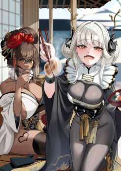 2girls black_bodysuit black_kimono black_thighhighs blanc_(nikke) blanc_(white_rabbit)_(nikke) bodysuit breasts brown_eyes brown_hair chopsticks cleavage commentary dark-skinned_female dark_skin fang goddess_of_victory:_nikke highres holding holding_chopsticks ito_(ito577) japanese_clothes kimono large_breasts looking_at_viewer medium_hair multiple_girls nail_polish noir_(black_rabbit)_(nikke) noir_(nikke) official_alternate_costume open_mouth outdoors siblings sisters skin_fang smile thighhighs twins white_hair white_kimono yellow_eyes yellow_nails