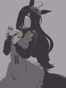 1girl absurdres animal_ears apron ascot black_dress closed_mouth dress frilled_apron frills green_ascot grey_background hair_over_one_eye hands_up highres horse_ears horse_girl long_bangs maid_headdress manhattan_cafe_(umamusume) okk1772 simple_background smile solo split_mouth umamusume white_apron yellow_eyes