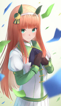 Rule 34 | 1girl, absurdres, animal ears, black bow, black gloves, blunt bangs, blush, bow, closed mouth, confetti, ear covers, gloves, green eyes, green sailor collar, hairband, highres, hime cut, hiroserii, horse ears, horse girl, long hair, long sleeves, looking at viewer, orange hair, pleated skirt, sailor collar, shirt, silence suzuka (innocent silence) (umamusume), silence suzuka (umamusume), skirt, smile, solo, umamusume, white hairband, white shirt, white skirt