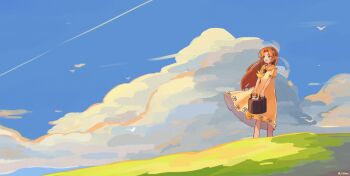 1girl absurdres blue_eyes blue_sky bucket cloud cloudy_sky cumulonimbus_cloud dress grass highres lilium815719 long_hair malon nintendo orange_hair sky smile solo the_legend_of_zelda the_legend_of_zelda:_ocarina_of_time white_dress wide_shot wooden_bucket