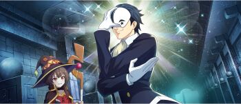 1girl 1other ascot black_choker black_cloak black_gloves black_hair black_hat black_mask black_suit brown_hair choker cloak closed_mouth dress dungeon fingerless_gloves formal_clothes game_cg gloves hair_slicked_back half_mask hand_over_face hat highres holding holding_staff indoors jacket kono_subarashii_sekai_ni_shukufuku_wo! konosuba!_fantastic_days looking_at_another mage_staff mask megumin official_art red_dress red_eyes short_hair short_hair_with_long_locks sidelocks smirk sparkle staff star_(symbol) suit suit_jacket two-tone_mask v-shaped_eyebrows vanir white_gloves white_mask witch_hat yellow_ascot