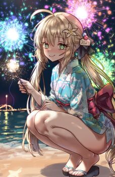 1girl 2024 absurdres ahoge alternate_costume artoria_caster_(fate) artoria_pendragon_(fate) bare_legs beach black_bow blonde_hair blue_kimono bow commentary crane_print ebora english_commentary fate/grand_order fate_(series) fireworks floral_print flower green_eyes hair_between_eyes hair_bow hair_flower hair_ornament happy_new_year heel_up highres holding holding_fireworks japanese_clothes kimono long_hair looking_at_viewer new_year night night_sky obi ocean outdoors print_kimono sandals sash sky smile solo sparkler squatting thighs toes twintails yukata zouri