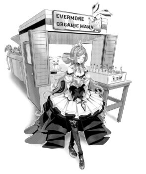 1girl absurdres agemmata averting_eyes bare_shoulders ben-day_dots blush braid breasts brooch cleavage corpse detached_sleeves dress earrings english_text flask flat_chest frilled_dress frills full_body greyscale hair_ornament highres holding holding_potion jewelry long_hair malice_evermore market_stall mimi_evernight monochrome open_mouth own_hands_together phase_connect platform_shoes pointy_ears potion screentones solo table thighhighs tiara very_long_hair virtual_youtuber white_background wide_sleeves