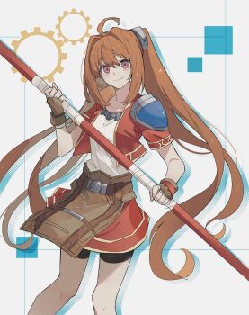 absurdres ahoge antenna_hair armor bike_shorts bike_shorts_under_skirt bo_staff breasts brown_gloves brown_hair cropped_jacket double-parted_bangs eiyuu_densetsu estelle_bright fingerless_gloves floating_hair gears george_man gloves green_outline hair_between_eyes hair_intakes highres holding holding_staff holding_weapon long_hair looking_at_viewer outline pauldrons red_eyes short_sleeves shorts shorts_under_skirt shoulder_armor simple_background single_pauldron skirt small_breasts smile sora_no_kiseki staff twintails upper_body very_long_hair weapon white_background