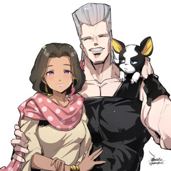 1girl 2boys blue_eyes breasts chinese_commentary closed_mouth commentary_request dark-skinned_female dark_skin dog earrings ejami grey_hair iggy_(jojo) jean_pierre_polnareff jewelry jojo_no_kimyou_na_bouken looking_at_viewer malena_(jojo) multiple_boys simple_background smile white_background