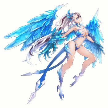 1girl artist_request bird_legs black_hair black_streaks blue_claws blue_eyes blue_panties blue_wings breasts clawed_gauntlets claws cleavage commentary commentary_request earrings english_commentary floating_hair frown full_body grey_hair harpy highres ice ice_wings jewelry king's_raid korean_commentary large_breasts long_hair mixed-language_commentary monster_girl multicolored_hair naila_(king's_raid) official_alternate_costume official_art panties pointy_ears ponytail second-party_source snowflake_earrings solo streaked_hair underwear very_long_hair wings