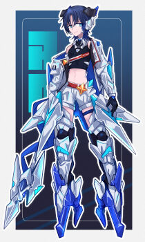 Rule 34 | 1girl, black shirt, blue eyes, blue hair, closed mouth, crop top, highres, hiodoshi ao, holding, holding polearm, holding weapon, hololive, hololive dev is, jacket, mechanical legs, medium hair, mole, mole under mouth, navel, polearm, shirt, shorts, solo, vegs, virtual youtuber, weapon, white jacket, white shorts, wolf cut