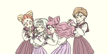 Rule 34 | 4girls, banknote, beruche (sailor moon), bishoujo senshi sailor moon, bishoujo senshi sailor moon r, blonde hair, blue hair, bow, braid, braided bangs, calaveras (sailor moon), closed eyes, cone hair bun, crescent, crescent facial mark, crystal earrings, double bun, earrings, eating, facial mark, fingernails, food, forehead jewel, forehead mark, french fries, hair bow, hair bun, highres, jewelry, koan (sailor moon), long fingernails, money, multiple girls, nail polish, navel, open mouth, orange eyes, orange hair, petz (sailor moon), pink eyes, pink hair, pleated skirt, school uniform, serafuku, shira (busi), short hair, simple background, skirt, smile, sweatdrop, wallet, yellow eyes