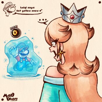 ... 1girl 2boys arm_up artist_name blonde_hair brothers constricted_pupils crown death dress english_text facial_hair from_behind frozen gameplay_mechanics gloves hat highres long_hair luigi mario mario_(series) marodraws multiple_boys mustache nintendo open_mouth overalls pink_lips rosalina scared siblings smile tongue wide-eyed x_x