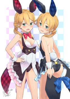 2girls alice_gear_aegis animal_ears ass bare_legs blonde_hair blush breasts dated errant fake_animal_ears green_eyes hair_between_eyes hand_on_own_hip highres kotomura_akane kotomura_amane looking_at_viewer looking_back multiple_girls open_mouth playboy_bunny rabbit_ears rabbit_tail signature small_breasts standing tail wrist_cuffs
